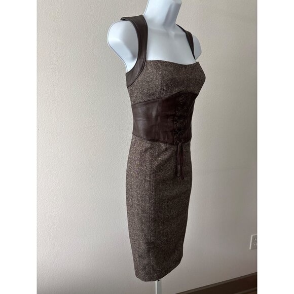 Y2K Bebe Dress Sz 10 Wool Blend Tweed Leather Corset Detail Lace Up Bodycon Slit - Picture 14 of 16